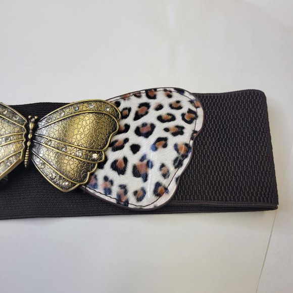 Butterfly Buckle Stretch Belt Animal Print Antique Gold Tone Buckle Brown Cream - Picture 11 of 16